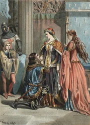 São Luís (1214-1270), rei da França, e sua mãe Blanche de Castille (1188-1252). gravura de 1881 em "El Culto de la Hermosura" de Juan Justo Huguet, Molinas Hermanos editores