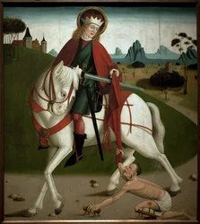 São Martinho e o mendigo. Cortou o seu manto para o dar a um mendigo. Pintura anónima, cerca de 1490. Magyar Nemzeti Galéria, Budapeste, Hungria.