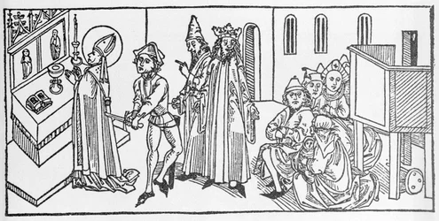 São Mateus. Gravura de "Leben der Heiligen - sommerteil" (O livro do santo) de Jacobus (Tiago) de Voragine (1228-1298). Lubeck 1488.