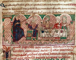 São Maurício (512-584) fundador do mosteiro de Flanfeuil (São Maurício) em Anjou é recebido na mesa do Gaidulfe de Ravenna, perseguidor dos monges e castiga-o Miniatura da Vida e Milagres de São Maurício" (ms 2273) 1100-1140 Biblioteca Municipal de Anjou