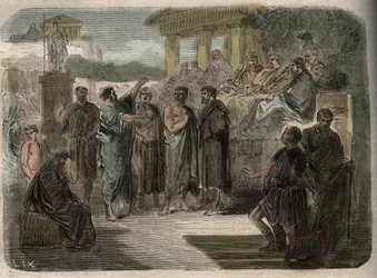Pregação de São Paulo em Atenas - A Predição de São Paulo em Atenas - O Discurso de Paulo em Aeropage" Paulo de Tarso em Atenas Aeropage onde os filósofos da Grécia Antiga estão unidos - gravura -