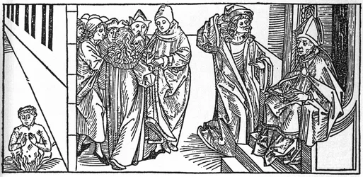 Santo Severin. Gravura de "Leben der Heiligen - sommerteil" (O livro do santo) de Jacobus (Tiago) de Voragine (1228-1298). Lubeck 1488.