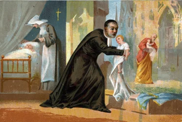 São Vicente de Paulo (1576-1660), conhecido por sua caridade, criador do hospital para encontrar crianças. Cromolitografia do século XIX.