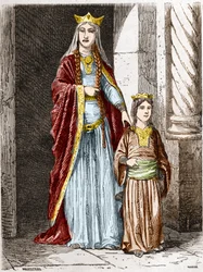 Sainte Bathilde (ou Batilde, Bathylle, Beaudour) (626-680), Rainha dos Francos com Clotaire. Gravura em "Histoire De France En Cent Paintings de Paul Lehugeur "1891