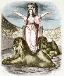 Sainte Blandine na arena, os leões deitados a seus pés (perseguições cristãs em Lyon) - no "Histoire des popes" de Maurice Lachatre