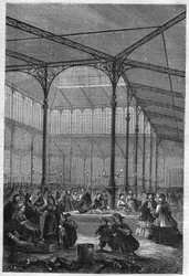 Venda de peixe na lota no Halles de Paris em 1866 (Pavillon Baltard).
