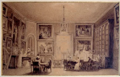 Salon de la reine de Hollande Hortense de Beauharnais (1783-1837) em Augsburgo. Gravura de Paris do século XIX. Biblioteca Thiers