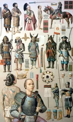 Fantasias, armas e armaduras de Samurai. Século XIX.
