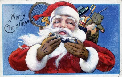Papai Noel e seu capuz de brinquedo - cartão postal americano, final do século XIX