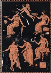 Cena de culto dos Mistérios de Elêusis - Cena de iniciação no culto dos mistérios de Elêusis - Culto de Deméter e Perséfone sediado em Elêusis na Grécia antiga - Gravura de «Usos e costumes de todos os povos do universo. Ou história do governo»