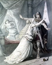 Cena de "Cola Rienzi, a última dos Tribuns" (Rienzi, der Letzte der Tribunen), ópera de Richard Wagner representando os Heros Rienzi com Irene no Palácio do Capitólio. 1842. Gravura.