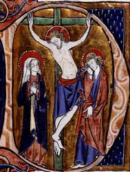 Cena de crucificação em papel timbrado (letra D). Miniture in "Speculum historiale" de Vincent De Beauvais (século XII)