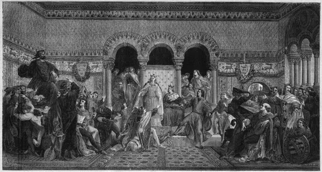 Cena da vida de Santa Isabel da Hungria (1207-1231). Gravura de 1878 a partir de um mural de Maurice de Schwindau, sala dos poetas do castelo de Wartbourg.