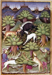 Cena de caça ao javali selvagem Miniatura de "Treat falconry and venerie with the motto and emblema of the Duke of Sforza" 1459 (ms. 1375) Chantilly, Musee Conde