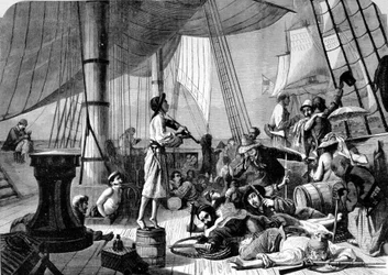 Cena no convés de um navio pirata. Gravura do século XIX.