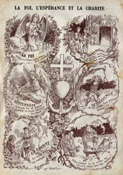 Cenas ilustrando Fé, Esperança, Caridade e seu oposto, Incredulite, Desespero e Egoísmo. Ilustração em "Le Pelerin" de 27 de março