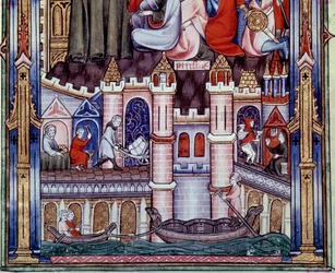 Cenas do trabalho de construção e navegação em Paris na Idade Média. Miniatura do manuscrito "Vida de São Denis" de Yves, monge de Saint-Denis