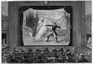 Espectros científicos: espectros vivos. Experimente o espectáculo no palco do teatro. Um comediante luta contra um fantasma. Gravura em "La Nature".