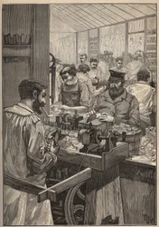 Esquima-marinha: fabrico de tubos de esquima-marinha. Gravura a partir de 1885 em "Les arts et metiers illustres" de Adolphe BITARD.