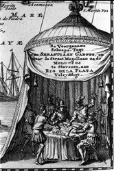 Sebastiano Caboto (Sebastien Cabot) representa no cartucho de um mapa de navegação com outros navegadores. O início do século XVII.