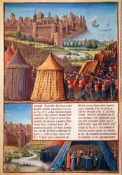 Segunda Cruzada: vista do cerco de Ascalon em 1153 por Balduíno III (1131-1162). Miniatura extraída de “Les passages faits Outremer par les Français contre les Turks et autres Sarrazins et Moures Outremarine” de Sebastien Mamerot