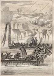 Segunda viagem (1772-1775) pelo Capitão James Cook (1728-1779): Canoas de guerra neozelandesas (Neo Zelandesas) - ilustração tirada de "Os Grandes Marinheiros do Século XVIII".
