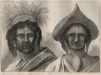 Segunda viagem (1772-1775) do Capitão James Cook (1728-1779): homem e mulher da Ilha de Páscoa - ilustração de "The Great Mariners of the 18th century" (Os Grandes Marinheiros do século XVIII)