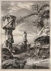 Segunda viagem (1772-1775) do Capitão James Cook (1728-1779): monumentos da Ilha de Páscoa (estátuas monumentais, moai) - ilustração tirada de "Os Grandes Marinheiros do século XVIII".