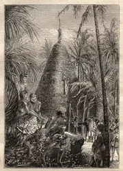 Segunda viagem (1772-1775) do Capitão James Cook (1728-1779): casa circular tradicional, no telhado de uma elevação considerável (Nova Caledónia) - ilustração tirada de "Os Grandes Marinheiros do século XVIII".