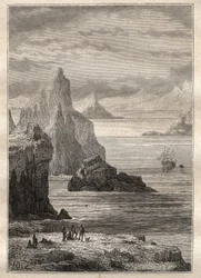 Segunda viagem (1772-1775) do Capitão James Cook (1728-1779): vista do Canal Noel, Terre de Fuego - ilustração tirada de "Os Grandes Marinheiros do século XVIII".