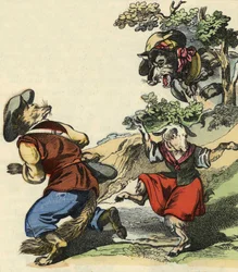 Ao ver o lobo, o Mestre Fox fugiu, deixando o Pequeno Chevrette em perigo. Ilustração do conto "Bon medor e o Pequeno Chevrette". Em "Contos do lar para os pequenos". Gravura anónima do século XIX.