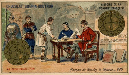Série Histoire de la Monnaie Française publicada pelo Chocolat Guérin Boutron. Cromolitografia do século XIX. Moeda de Carlos, o Careca, em 840.