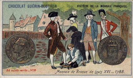 Série Histoire de la Monnaie Française publicada pelo Chocolat Guérin Boutron. Cromolitografia do século XIX. Moeda de Bronze de Luís XVI em 1788