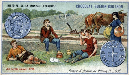 Série Histoire de la Monnaie Française publicada pelo Chocolat Guérin Boutron. Cromolitografia do século XIX. Negador de prata de Clóvis II em 638