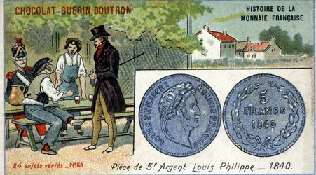 Série Histoire de la Monnaie Française publicada pelo Chocolat Guérin Boutron. Cromolitografia do século XIX. Moeda de prata de 5 francos. Louis Philippe 1o. em 1840
