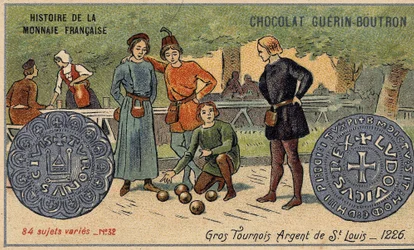 Série Histoire de la Monnaie Française publicada pelo Chocolat Guérin Boutron. Cromolitografia do século XIX. Grandes torneios. Prata de Saint Louis. 1226
