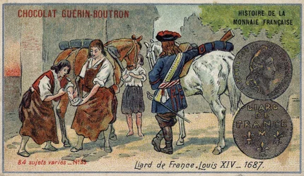 Série Histoire de la Monnaie Française publicada pelo Chocolat Guérin Boutron. Cromolitografia do século XIX. Liard da França. Luís XIV em 1687.