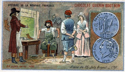 Série Histoire de la Monnaie Française publicada pelo Chocolat Guérin Boutron. Cromolitografia do século XIX. moedas de 15 solos de prata em 1791