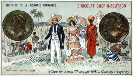 Série Histoire de la Monnaie Française publicada pelo Chocolat Guérin Boutron. Cromolitografia do século XIX. Moeda de bronze de 5 cêntimos em 1841. Colónias francesas