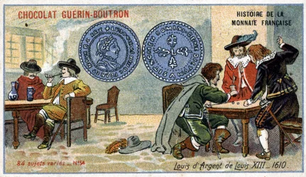 Série Histoire de la Monnaie Française publicada pelo Chocolat Guérin Boutron. Cromolitografia do século XIX. Louis XIII Silver Louis em 1610