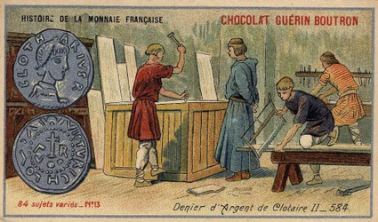 Série Histoire de la Monnaie Française publicada pelo Chocolat Guérin Boutron. Cromolitografia do século XIX. Denier de Prata de Clotaire (Clothaire) II em 584