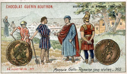 Série Histoire de la Monnaie Française publicada pelo Chocolat Guérin Boutron. Cromolitografia do século XIX. Moedas romanas Gallo sob Julien