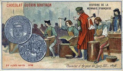 Série Histoire de la Monnaie Française publicada pelo Chocolat Guérin Boutron. Cromolitografia do século XIX. O Cavalot de Prata de Luís XII. 1498
