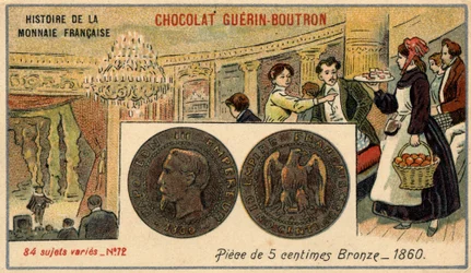 Série Histoire de la Monnaie Française publicada pelo Chocolat Guérin Boutron. Cromolitografia do século XIX. Moeda de bronze de 5 cêntimos em 1860. Napoleão III.