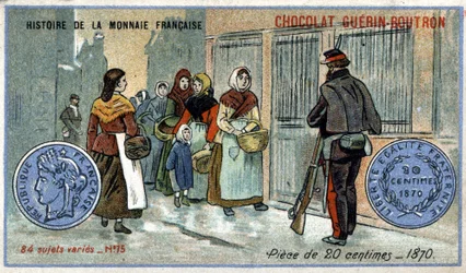 Série Histoire de la Monnaie Française publicada pelo Chocolat Guérin Boutron. Cromolitografia do século XIX. Moeda de 20 cêntimos em 1870.