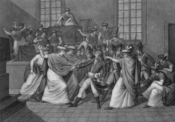Sessão do órgão legislativo na orangerie de Saint Cloud: Bonaparte apresenta-se na Assembleia do Conselho de Cinco Cêntimos (5 Cêntimos) (sala de 500) e dissolveu-a em 19 brumaire ano VIII durante o golpe de estado dos 18 brumaire.