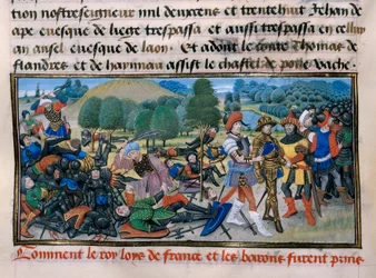 Sétima Cruzada: O Rei Luís IX (Saint Louis) (1214-70) é capturado durante a Batalha de Mansourah em 1250 no Egipto, "Chronique abregee" de David Aubert 1250 Paris
