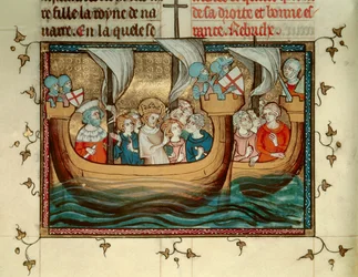 Sétima Cruzada: o Rei da França Saint Louis (ou Louis IX) (1214-1270) chega a Nicósia, no Chipre, por volta de 1245. Miniatura. B.N. Paris