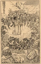 Ela fica no meio das chamas... Santa Rosa de Viterbo (Rosa da Viterbo) (1233-1252). Gravura do final do século XIX. Colecção privada.