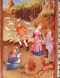 Pastores descansando perto de um fogo de lenha Miniatura tirada de "As Horas de Eduardo I (Duarte) de Portugal (1391-1438)" Lisboa do século XV, Torre do Tombo
